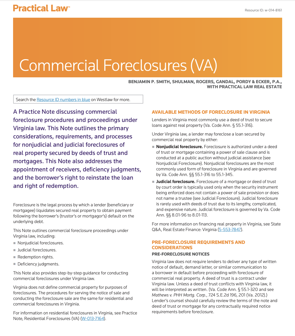 Commercial Foreclosures (VA) Shulman Rogers
