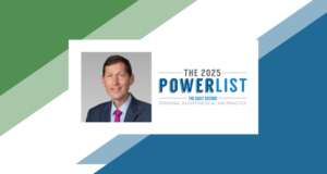Graphic announcing Karl Protil’s recognition on The Daily Record’s 2025 Power List for Personal Injury and Medical Malpractice. The design features his professional headshot alongside the text ‘The 2025 Power List – The Daily Record – Personal Injury/Medical Malpractice’ on a background of green, blue, and white diagonal shapes.